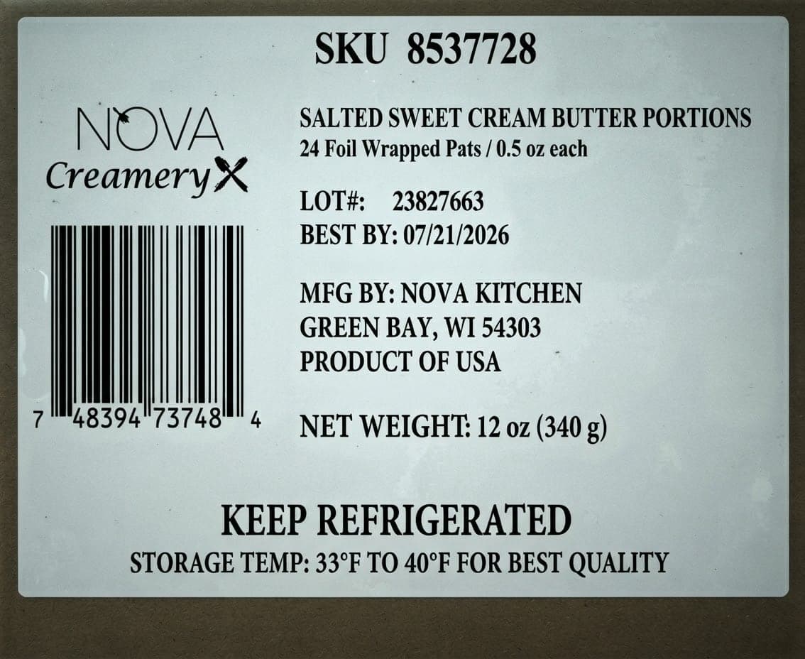 Case label read by Nova Vision, with SKU, lot number, best-by date and barcode highlighted