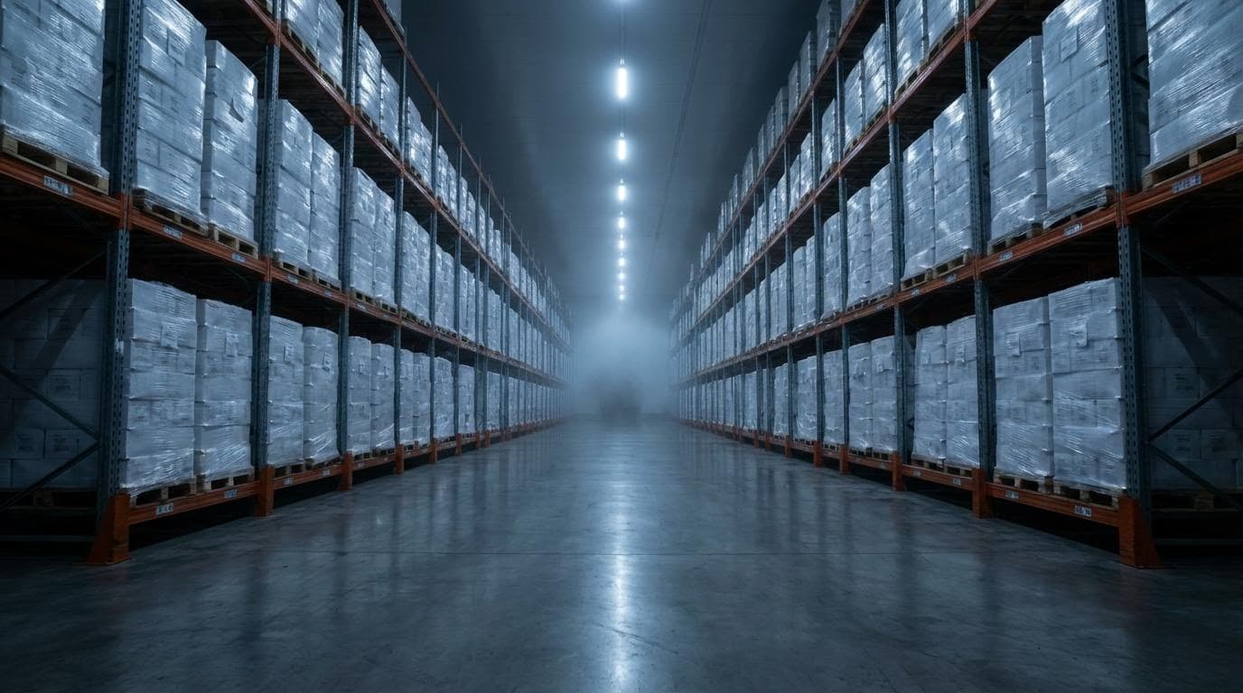 Massive refrigerated cold storage warehouse aisle at night