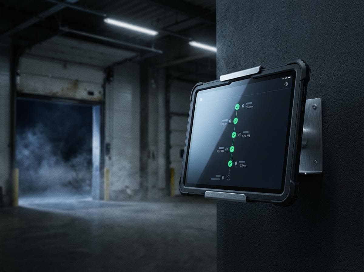 Industrial tablet displaying verification audit trail in warehouse