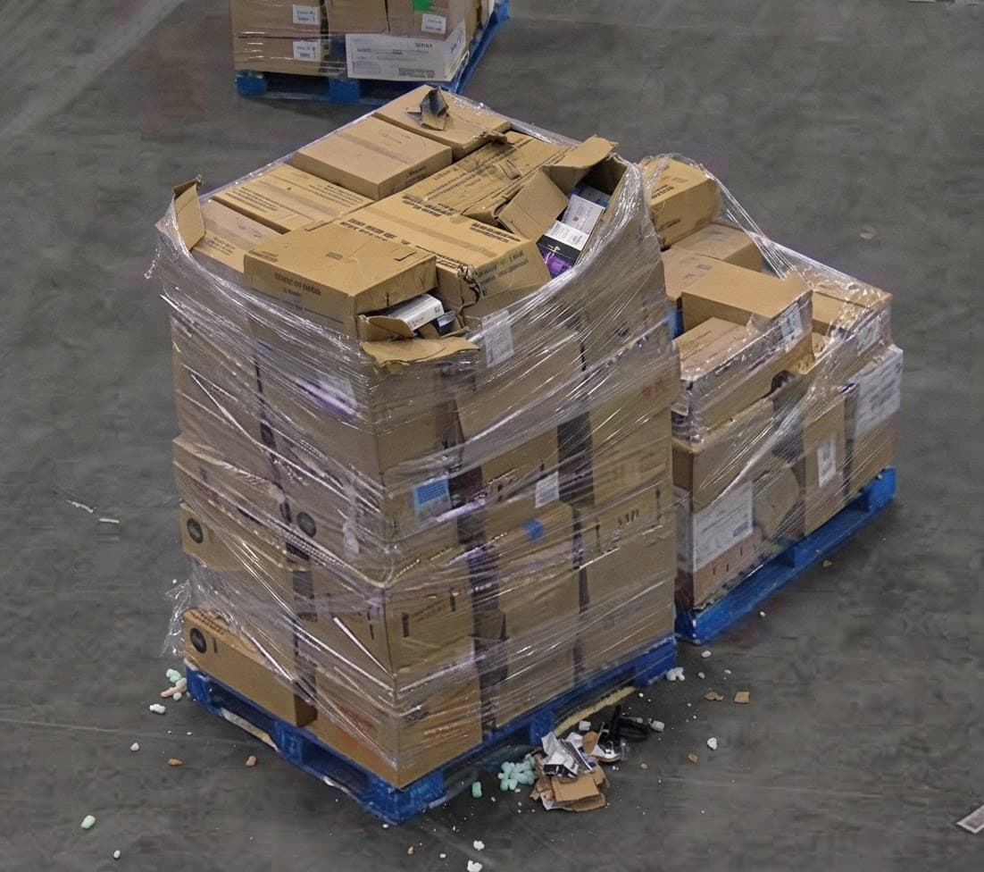 Damaged pallet at a dock: torn stretch wrap, crushed and open cases on the top layer, product and packaging on the floor