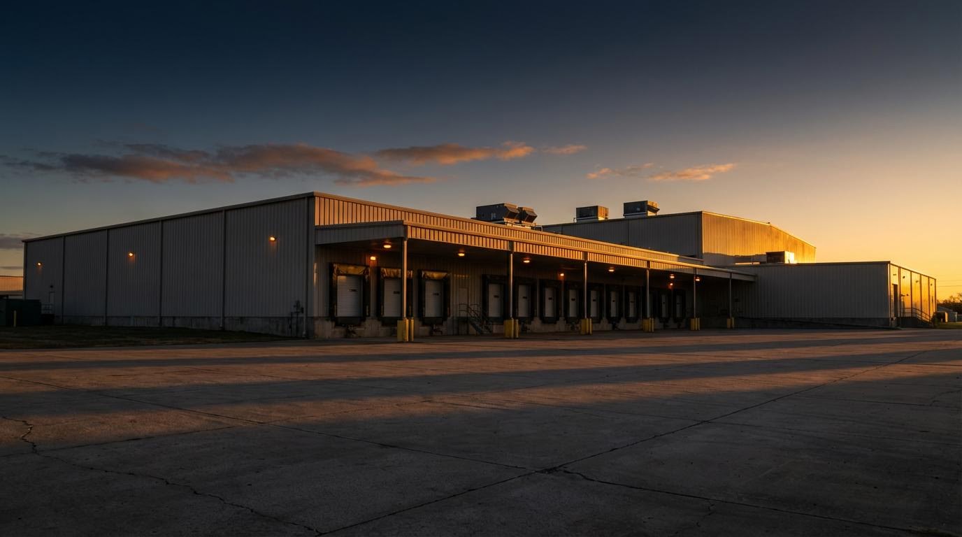 Cold chain logistics facility at dawn, golden light on loading docks
