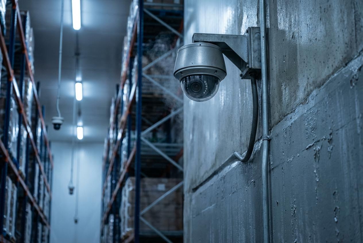 IP security camera mounted on a cold storage warehouse wall