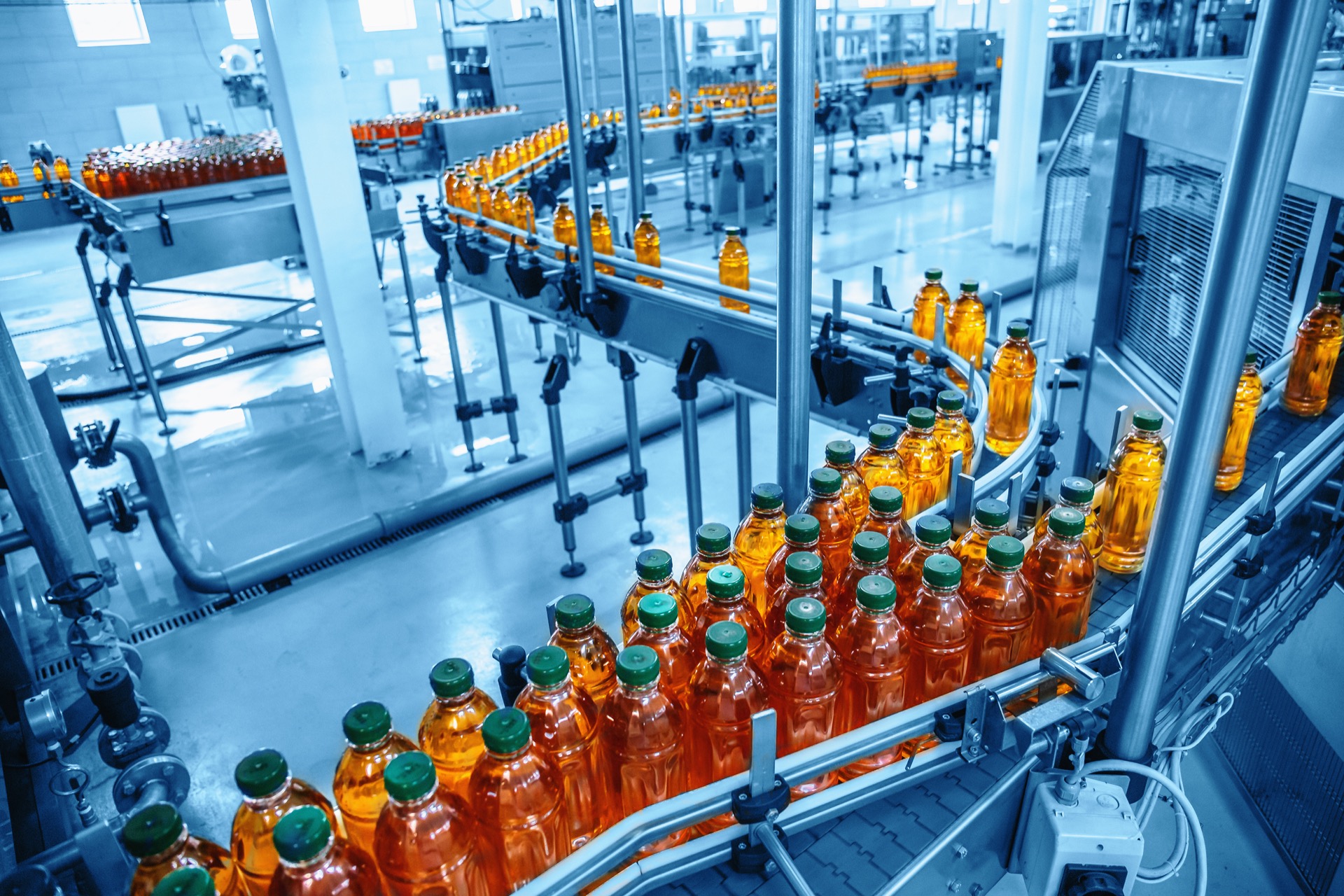 Beverage bottles moving along an automated production line in a food processing factory.