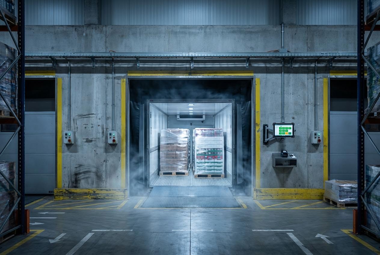 Refrigerated truck at the loading dock seen from inside the warehouse
