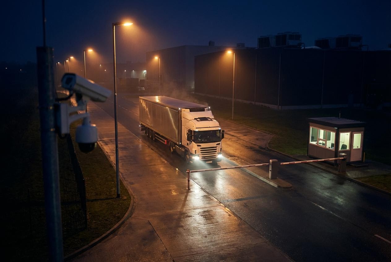 Aerial night view of cold storage facility gate checkpoint with truck approaching
