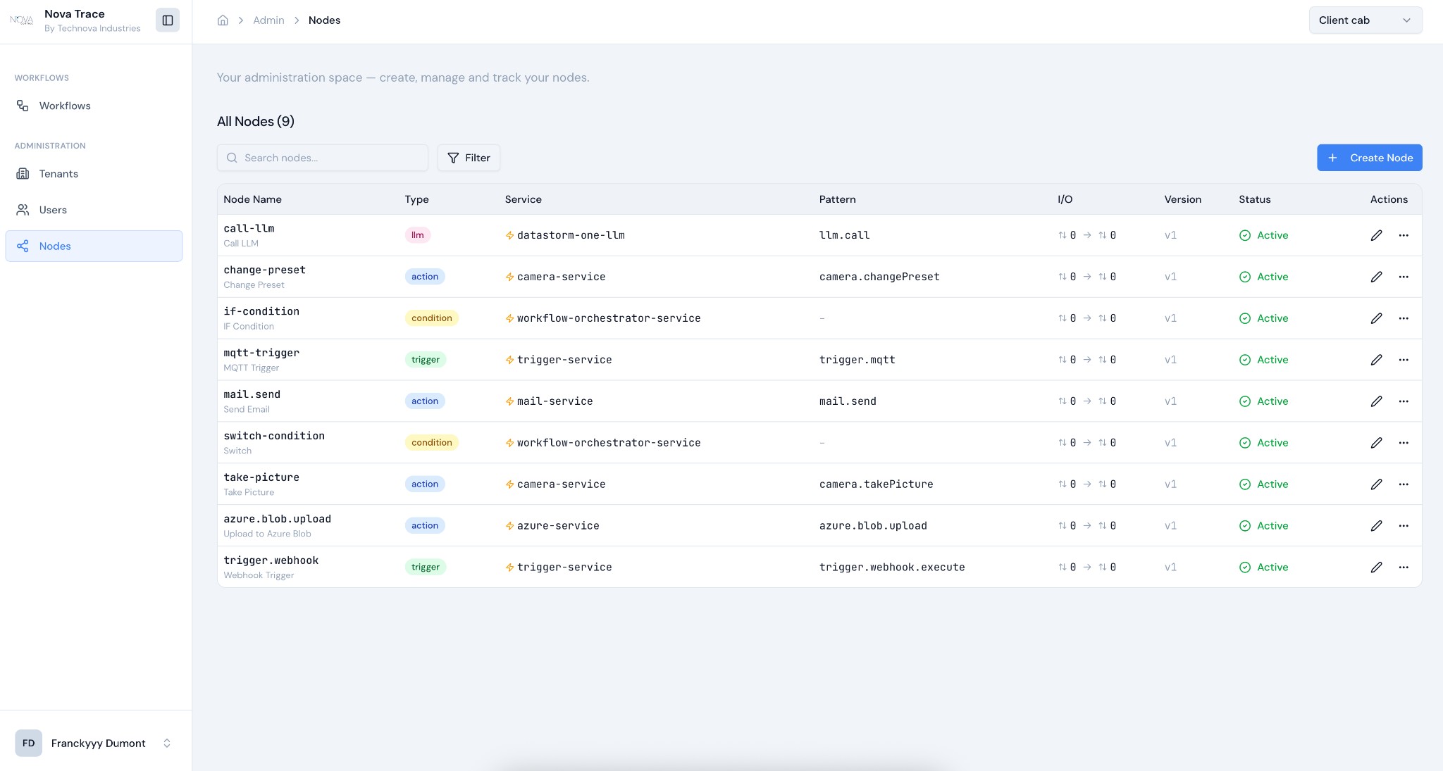 Nova Trace nodes management — create and manage nodes
