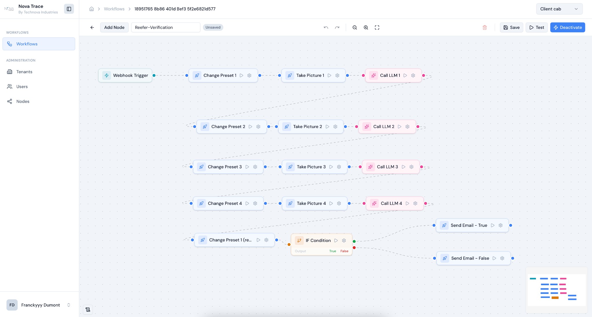 Nova Trace workflow builder — Reefer Verification workflow with nodes