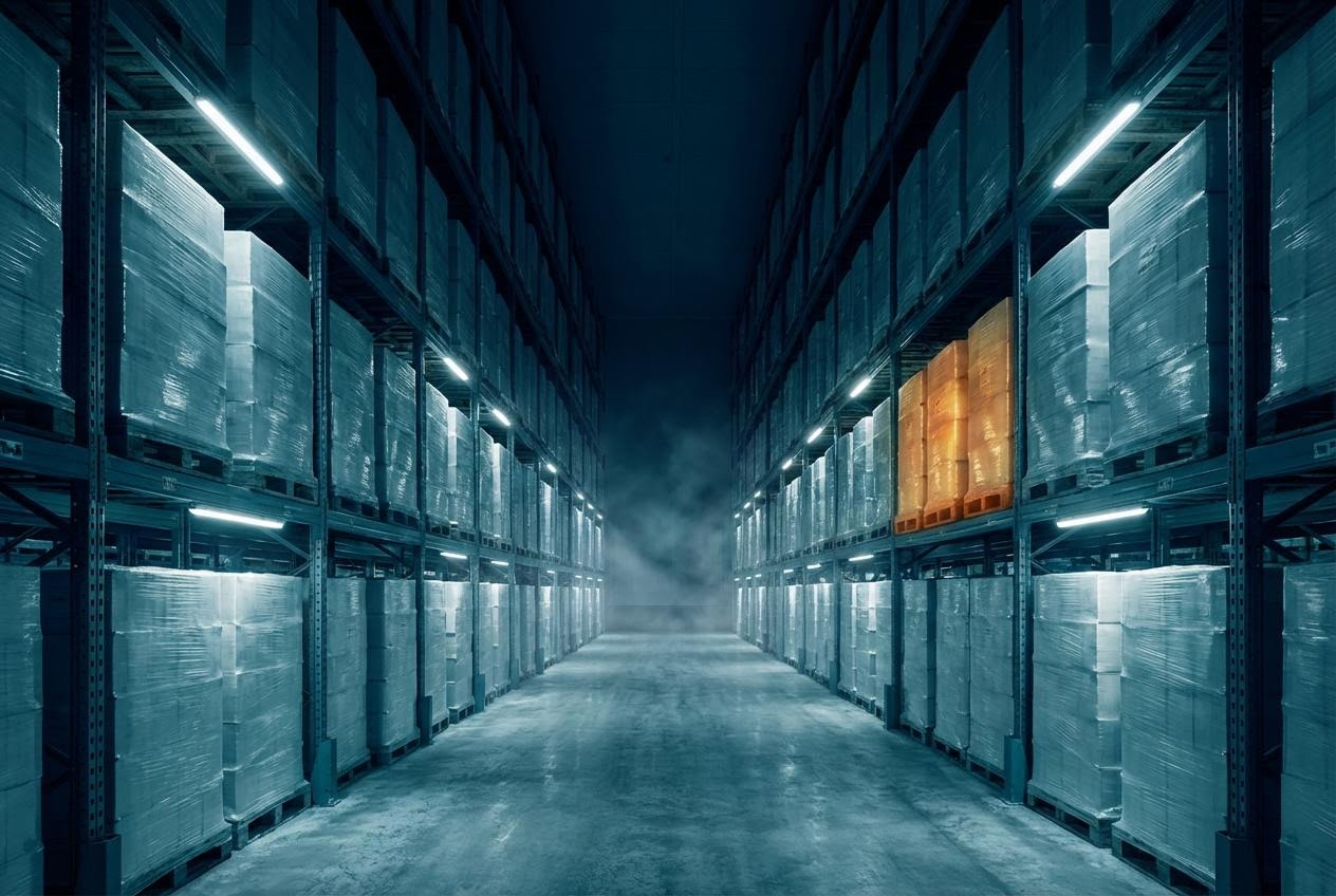 Warehouse aisle at night with thermal overlay showing cold zones in teal-blue and an isolated amber anomaly zone