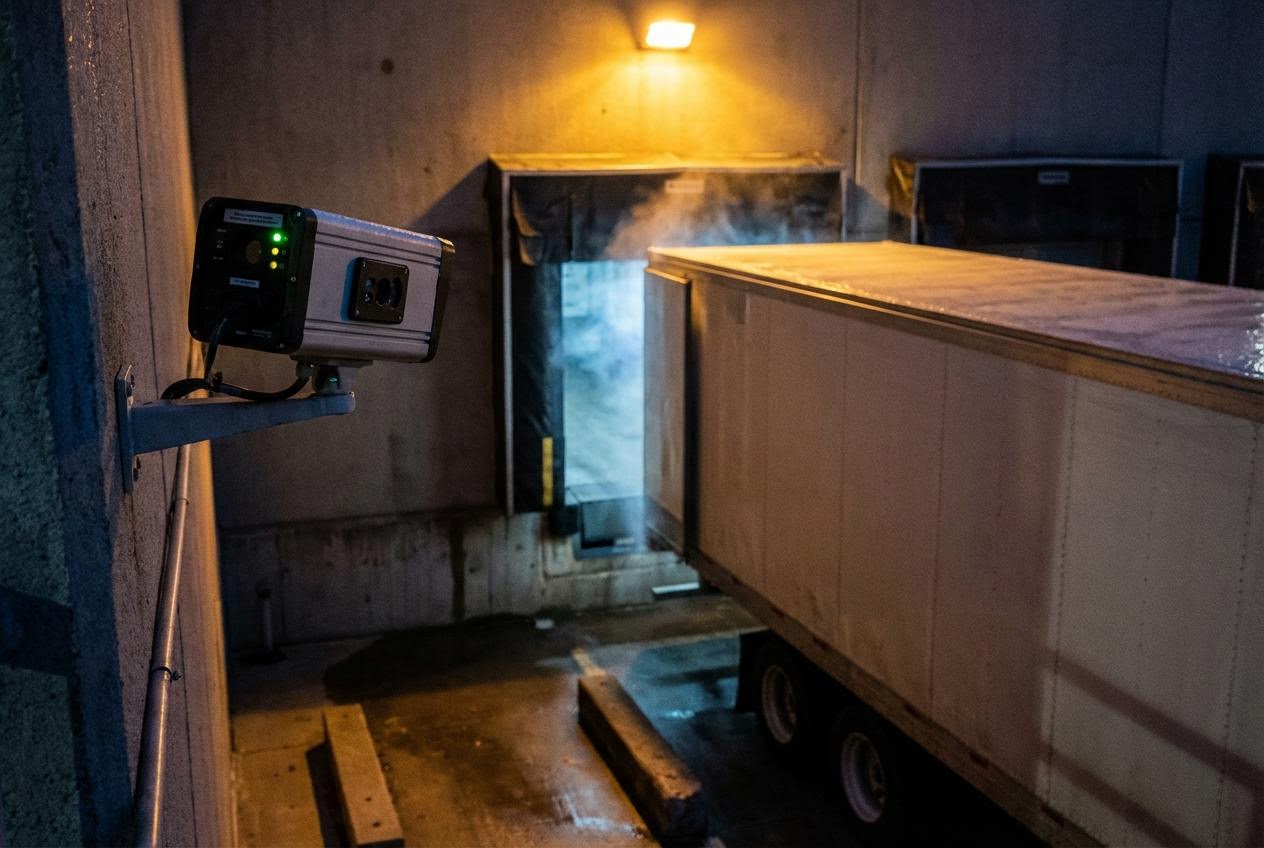 Thermal imaging sensor mounted above a dock door, refrigerated trailer backed in with cold mist visible