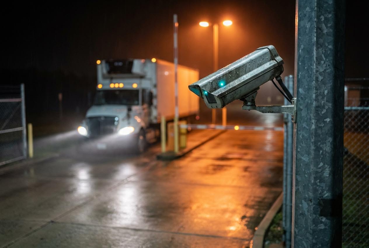 Industrial IP security camera in sharp foreground, refrigerated truck approaching gate at night