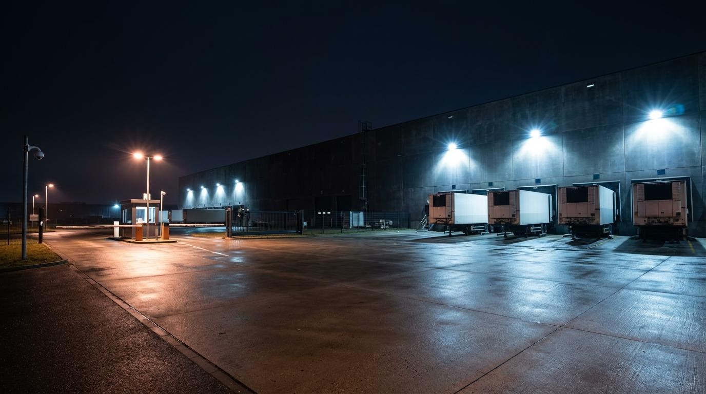 Cold storage facility exterior at night — gate checkpoint and loading dock bays