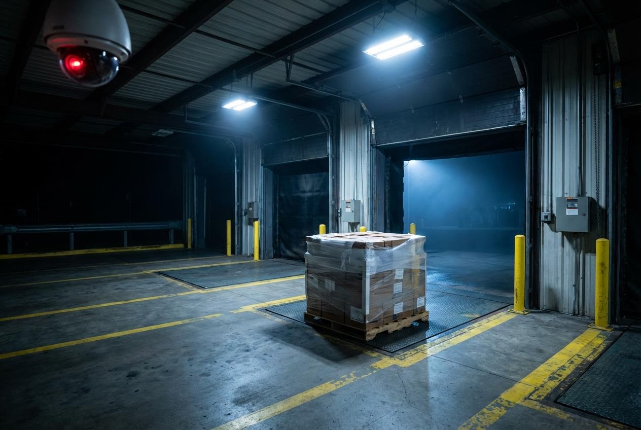 Interior dock bay with pallet on dock leveler, dome camera mounted on ceiling, no people